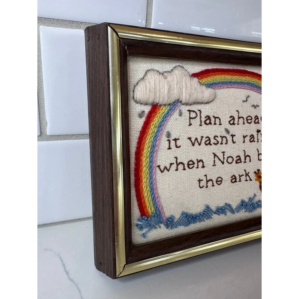Vintage Handmade Framed Noah's Ark Embroidered Wall Art Rainbow Christian Decor
